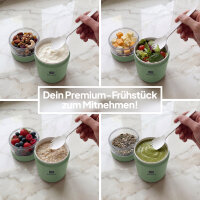 Pooni Müslibecher, Joghurtbecher aus PP-Kunststoff mit 2-in-1-Besteck, für Joghurt, BPA-frei, mikrowellengeeignet, 460ml + 150 ml, Frühlingsgrün
