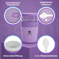 Pooni Müslibecher, Joghurtbecher aus PP-Kunststoff mit 2-in-1-Besteck, für Joghurt, BPA-frei, mikrowellengeeignet, 460 ml + 150 ml, Sanftes Lila