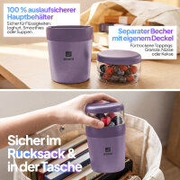 Pooni Müslibecher, Joghurtbecher aus PP-Kunststoff mit 2-in-1-Besteck, für Joghurt, BPA-frei, mikrowellengeeignet, 460 ml + 150 ml, Sanftes Lila