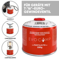 EVOCAMP Schraubkartusche 230g mit 7/16 Gewinde, Gaskartusche EN 417 für Campingkocher, Gasheizung, Gaslampen und Gasgrill