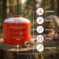 EVOCAMP Schraubkartusche 230g mit 7/16 Gewinde, Gaskartusche EN 417 für Campingkocher, Gasheizung, Gaslampen und Gasgrill
