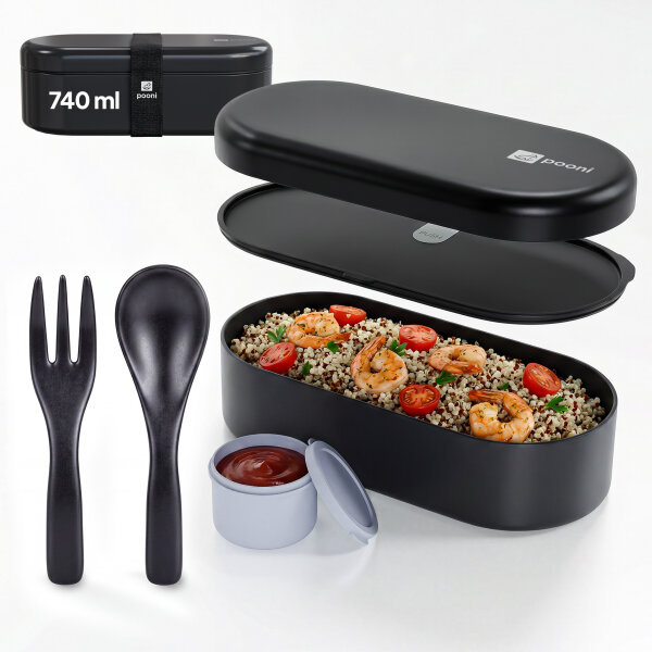 Pooni Lunchbox 740 ml, auslaufsichere Bento Box mit 1 Fach, Besteck, Soßendose und Elastikband, BPA-frei und mikrowellengeeignet