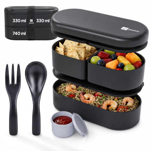Pooni Lunchbox 1400 ml, auslaufsicher Bento Box mit 3 Fächern, Besteck, Soßendose und Elastikband, BPA-frei und mikrowellengeeignet