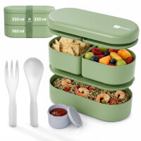Pooni Lunchbox 1400 ml, auslaufsicher Bento Box mit 3 Fächern, Besteck, Soßendose und Elastikband, BPA-frei und mikrowellengeeignet