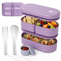 Pooni Lunchbox 1400 ml, auslaufsicher Bento Box mit 3 Fächern, Besteck, Soßendose und Elastikband, BPA-frei und mikrowellengeeignet