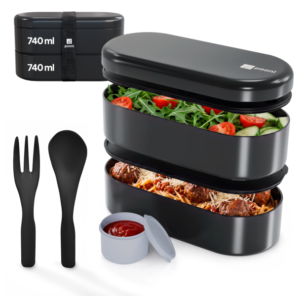 Pooni Lunchbox 1480 ml, auslaufsicher Bento Box mit 2 Fächern, Besteck, Soßendose und Elastikband, mikrowellengeeignet