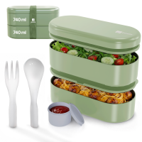 Pooni Lunchbox 1480 ml, auslaufsicher Bento Box mit 2 Fächern, Besteck, Soßendose und Elastikband, BPA-frei und mikrowellengeeignet