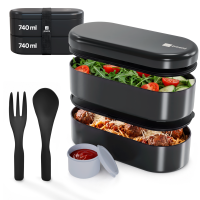 Pooni Lunchbox 1480 ml, auslaufsicher Bento Box mit 2 Fächern, Besteck, Soßendose und Elastikband, mikrowellengeeignet