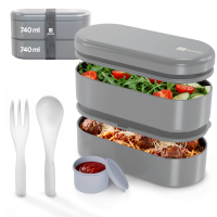 Pooni Lunchbox 1480 ml, auslaufsicher Bento Box mit 2 Fächern, Besteck, Soßendose und Elastikband, mikrowellengeeignet