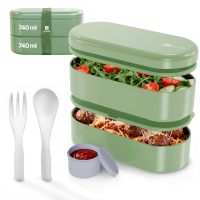 Pooni Lunchbox 1480 ml, auslaufsicher Bento Box mit 2 Fächern, Besteck, Soßendose und Elastikband, mikrowellengeeignet
