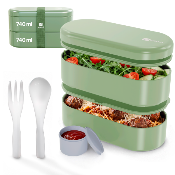 Pooni Lunchbox 1480 ml, auslaufsicher Bento Box mit 2 Fächern, Besteck, Soßendose und Elastikband, mikrowellengeeignet, Frühlingsgrün
