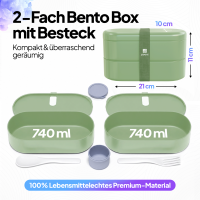 Pooni Lunchbox 1480 ml, auslaufsicher Bento Box mit 2 Fächern, Besteck, Soßendose und Elastikband, mikrowellengeeignet, Frühlingsgrün