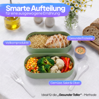 Pooni Lunchbox 1480 ml, auslaufsicher Bento Box mit 2 Fächern, Besteck, Soßendose und Elastikband, mikrowellengeeignet, Frühlingsgrün