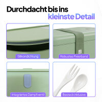 Pooni Lunchbox 1480 ml, auslaufsicher Bento Box mit 2 Fächern, Besteck, Soßendose und Elastikband, mikrowellengeeignet, Frühlingsgrün