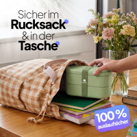 Pooni Lunchbox 1480 ml, auslaufsicher Bento Box mit 2 Fächern, Besteck, Soßendose und Elastikband, mikrowellengeeignet, Frühlingsgrün