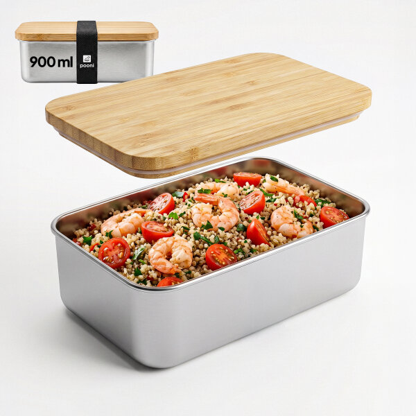 Pooni Lunchbox Edelstahl 900 ml, auslaufsichere Bento Box mit Bambusdeckel, Silikondichtung und Elastikband, kompakt für unterwegs