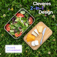 Pooni Lunchbox Edelstahl 900 ml, auslaufsichere Bento Box mit Bambusdeckel, Silikondichtung und Elastikband, kompakt für unterwegs