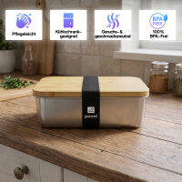 Pooni Lunchbox Edelstahl 900 ml, auslaufsichere Bento Box mit Bambusdeckel, Silikondichtung und Elastikband, kompakt für unterwegs