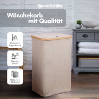 Björn&Schiller Wäschekorb beige mit Deckel, 105 L, faltbar, 2 Fächer – schmaler hoher Wäschesammler, Oxford-Gewebe, Bambusrand, Badezimmer, stabil