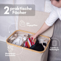 Björn&Schiller Wäschekorb beige mit Deckel, 105 L, faltbar, 2 Fächer – schmaler hoher Wäschesammler, Oxford-Gewebe, Bambusrand, Badezimmer, stabil