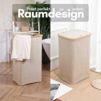 Björn&Schiller Wäschekorb beige mit Deckel, 105 L, faltbar, 2 Fächer – schmaler hoher Wäschesammler, Oxford-Gewebe, Bambusrand, Badezimmer, stabil