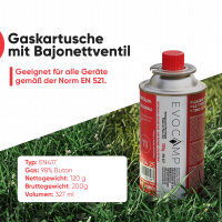 EVOCAMP Butangas-Kartusche 120g mit selbstdichtendem Bajonettventil, nach EN 417, ultraleichtes Gas für Campingkocher, Gasbrenner und Lötbrenner
