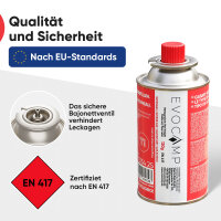 EVOCAMP Butangas-Kartusche 120g mit selbstdichtendem Bajonettventil, nach EN 417, ultraleichtes Gas für Campingkocher, Gasbrenner und Lötbrenner