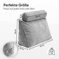 Björn&Schiller Lesekissen für Bett und Sofa, ergonomisches Wandpolster mit abnehmbarer Nackenrolle, zwei Seitentaschen und waschbarem Bezug, 70 cm