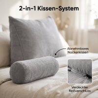 Björn&Schiller Lesekissen für Bett und Sofa, ergonomisches Wandpolster mit abnehmbarer Nackenrolle, zwei Seitentaschen und waschbarem Bezug, 70 cm