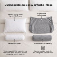 Björn&Schiller Lesekissen für Bett und Sofa, ergonomisches Wandpolster mit abnehmbarer Nackenrolle, zwei Seitentaschen und waschbarem Bezug, 70 cm