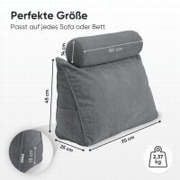 Björn&Schiller Lesekissen für Bett und Sofa, ergonomisches Wandpolster mit abnehmbarer Nackenrolle, zwei Seitentaschen und waschbarem Bezug, 70 cm