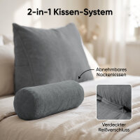 Björn&Schiller Lesekissen für Bett und Sofa, ergonomisches Wandpolster mit abnehmbarer Nackenrolle, zwei Seitentaschen und waschbarem Bezug, 70 cm