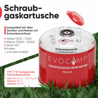 EVOCAMP 12x Propan Butan Gaskartuschen 300g, Schraubventil Eurogewinde 7/16", Ventilkartuschen 539 ml mit Sicherheits-Verschlussautomatik, Gaskartuschen einsetzbar für Weber Grills Q100/1200-Serien