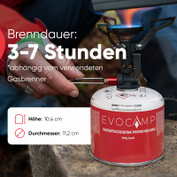 EVOCAMP 12x Propan Butan Gaskartuschen 300g, Schraubventil Eurogewinde 7/16", Ventilkartuschen 539 ml mit Sicherheits-Verschlussautomatik, Gaskartuschen einsetzbar für Weber Grills Q100/1200-Serien