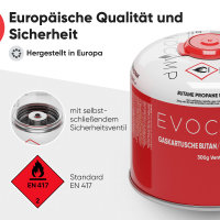 EVOCAMP 12x Propan Butan Gaskartuschen 300g, Schraubventil Eurogewinde 7/16", Ventilkartuschen 539 ml mit Sicherheits-Verschlussautomatik, Gaskartuschen einsetzbar für Weber Grills Q100/1200-Serien