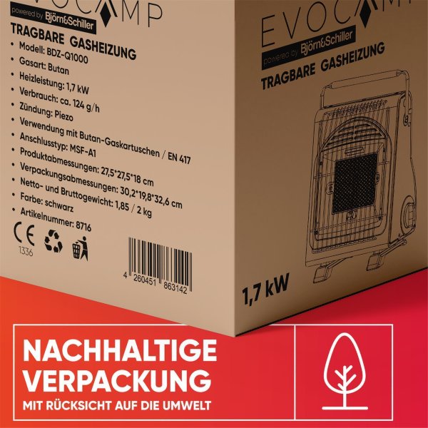 EVOCAMP tragbare Gasheizung & Gaskocher 2-in-1, 1,7 kW