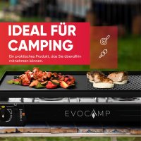 EVOCAMP Grillplatte für Gaskocher, 45x24, antihaftbeschichtet, perfekt für Camping, BBQ und Gasgrill.
