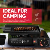 EVOCAMP Grillplatte für Gaskocher, 38x26 cm, antihaftbeschichtet, ideal für Camping und Gasgrill.