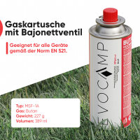 EVOCAMP 1x Butan Gaskartusche 227g ideal für Campingkocher, Gasheizung oder Unkrautbrenner, Camping Gas Butangas Kartusche Typ MSF-1a