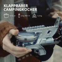 EVOCAMP Campingkocher: faltbar, inkl. 4x 227g Gaskartuschen (MSF-1a), Tragetasche, Wärmeleitblech. Perfekt für Outdoor-Aktivitäten