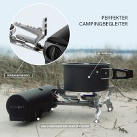 EVOCAMP Campingkocher + 4 Gaskartuschen, faltbar + tragbar, klappbarer Gas-Kocher für Camping