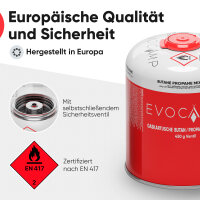 EVOCAMP 2x Propan Butan Gaskartuschen 450g, Schraubkartusche Eurogewinde 7/16", Ventilkartusche 809 ml mit Sicherheits-Verschlussautomatik, Gas Kartusche einsetzbar für Weber Grills Q100/1200-Serien