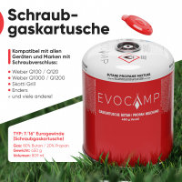 EVOCAMP 8x Propan Butan Gaskartuschen 450g, Schraubkartusche Eurogewinde 7/16", Ventilkartusche 809 ml mit Sicherheits-Verschlussautomatik, Gas Kartusche einsetzbar für Weber Grills Q100/1200-Serien