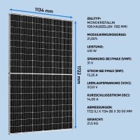Solaranlage 410W Monokristallines Solarmodule, PV Module Wirkungsgrad von 21%, Aluminiumrahmen photovoltaik panel 182mm Solarzellen, Solarpanel ideal für Wohnmobil, Balkonanlage, Garten