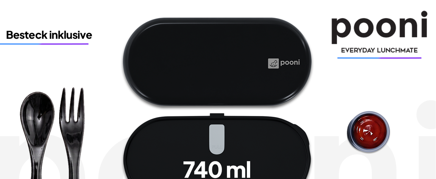 Pooni Lunchbox 740 ml, auslaufsichere Bento Box mit 1 Fach, Besteck, Soßendose und Elastikband, BPA-frei und mikrowellengeeignet-1