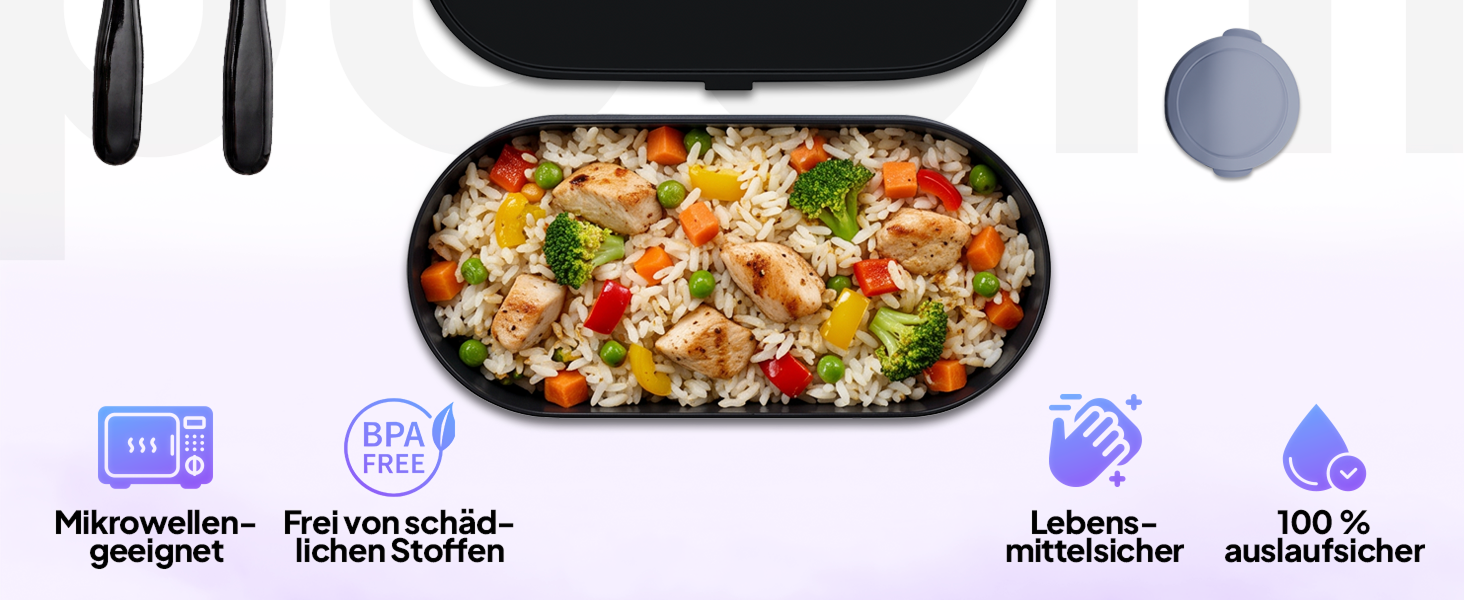 Pooni Lunchbox 740 ml, auslaufsichere Bento Box mit 1 Fach, Besteck, Soßendose und Elastikband, BPA-frei und mikrowellengeeignet-2