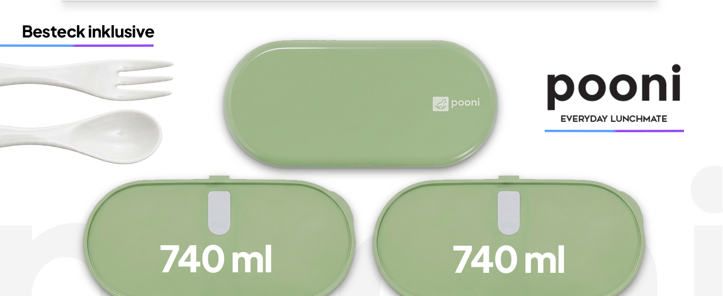 Pooni Lunchbox 1480 ml, auslaufsicher Bento Box mit 2 Fächern, Besteck, Soßendose und Elastikband, BPA-frei und mikrowellengeeignet, Frühlingsgrün-1