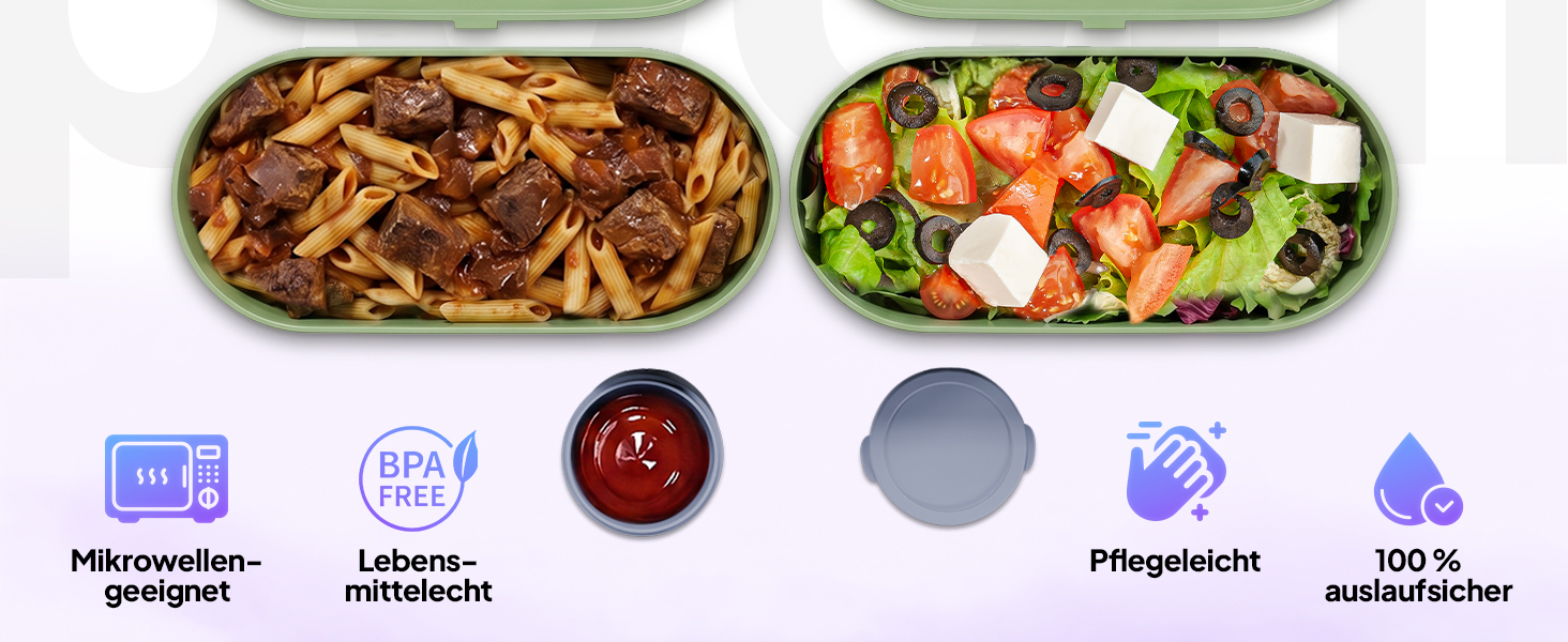 Pooni Lunchbox 1480 ml, auslaufsicher Bento Box mit 2 Fächern, Besteck, Soßendose und Elastikband, BPA-frei und mikrowellengeeignet, Frühlingsgrün-2