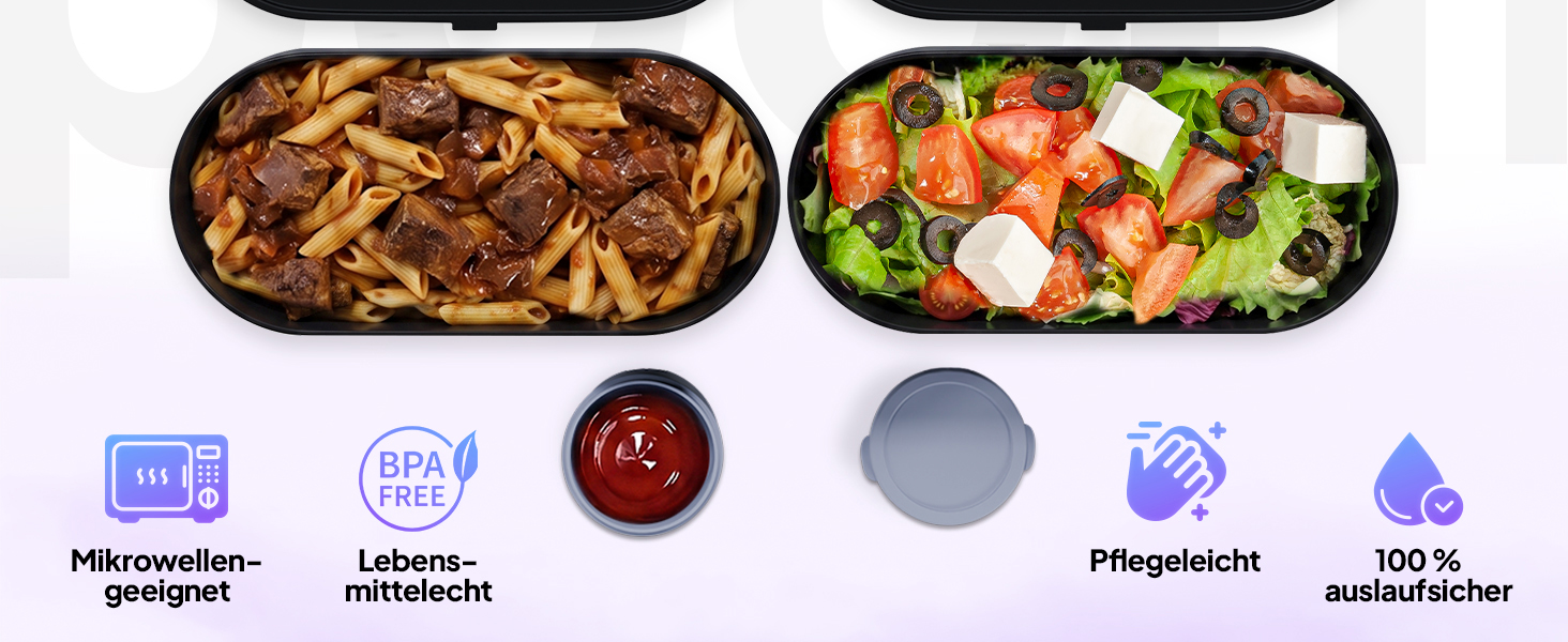 Pooni Lunchbox 1480 ml, auslaufsicher Bento Box mit 2 Fächern, Besteck, Soßendose und Elastikband, BPA-frei und mikrowellengeeignet-2
