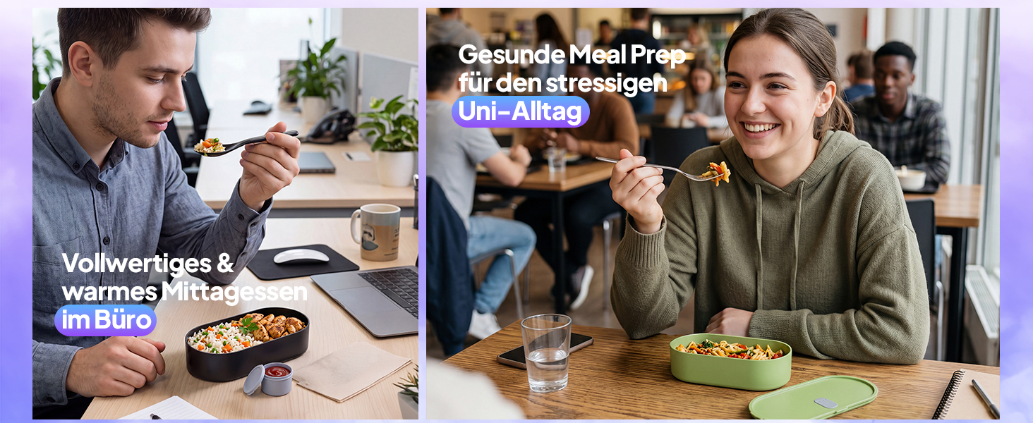 Pooni Lunchbox 1480 ml, auslaufsicher Bento Box mit 2 Fächern, Besteck, Soßendose und Elastikband, BPA-frei und mikrowellengeeignet-3